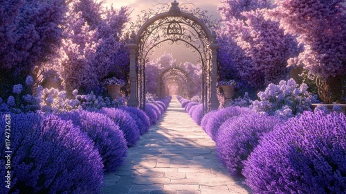 Enchanting Lavender Pathway Under Lush Arches in a Fantasy Landscape