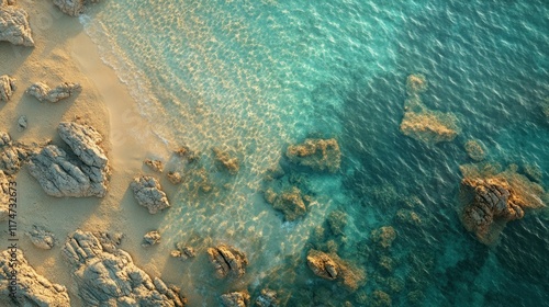 Aerial View of Idyllic Beach with Clear Blue Water and Rocky Shoreline