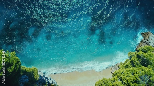 Breathtaking Aerial View of Turquoise Water and Sandy Beach from Drone Perspective