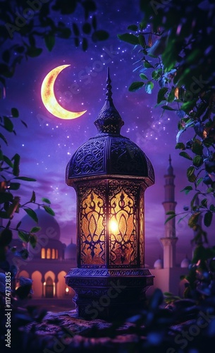 Eid Mubarak and Ramadan Kareem greetings with an Islamic lantern, crescent moon, and mosque background, in a purple night sky color theme, with copy space for text. cinematic lighting, high-resolution photo