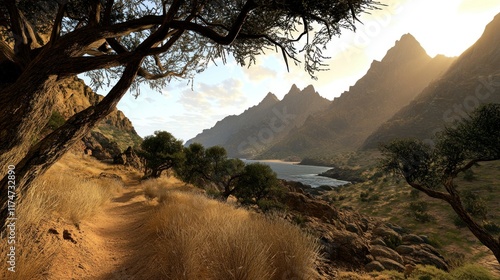 Scenic Mountain Sunset with Path Leading Through Beautiful Landscape