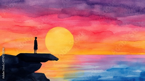 Serene Sunset Over Ocean with Silhouette by the Shoreline at Dusk