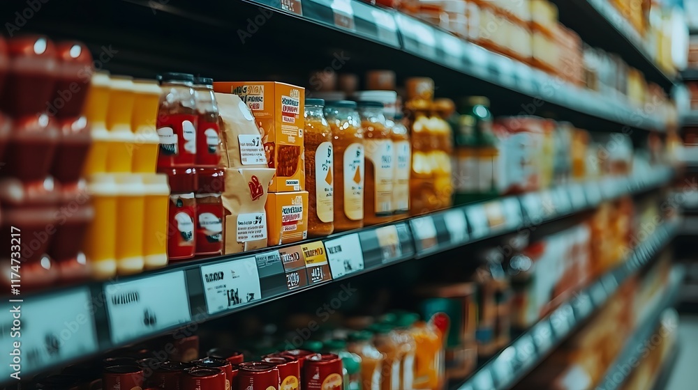Supermarket Shelf Displays Variety Of Food And Drinks Supermarket Shelf Displays Variety Of Food And Drinks
