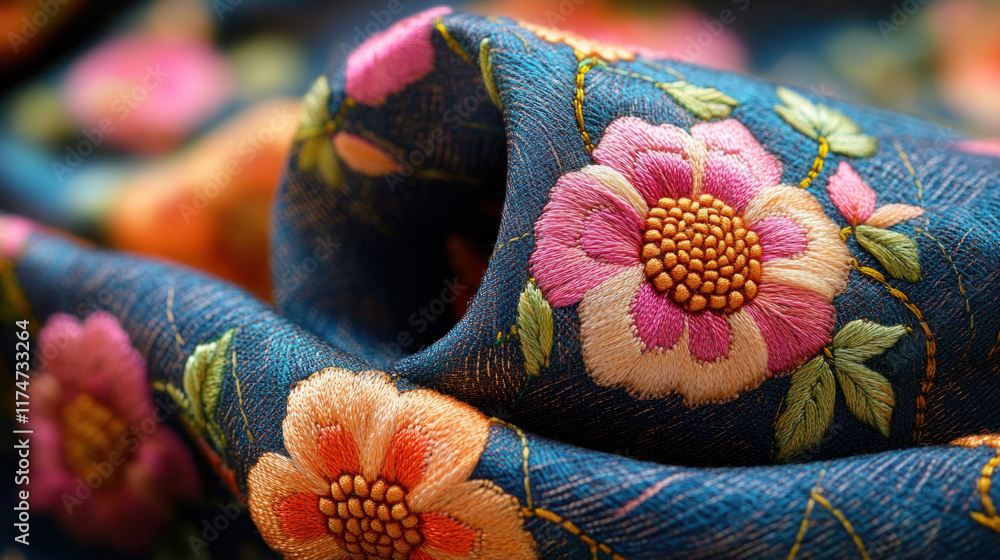 Obraz premium Fabric textures showcasing intricate embroidery patterns and vibrant colors