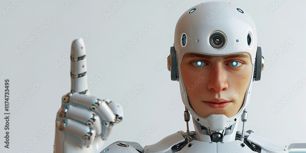 Naklejka premium White male cyborg pointing his finger 3D rendering Minimalistic Photo 