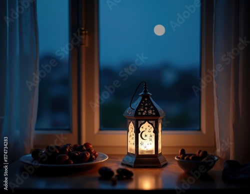 Islamic ramadan lantern with dates by moonlit window - perfect for holiday decor and design photo