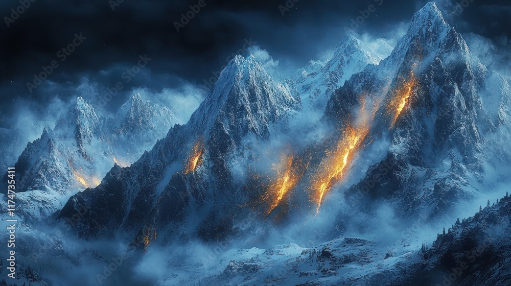 Naklejka premium A dramatic mountain landscape illuminated by glowing lava amidst a dark, stormy atmosphere.