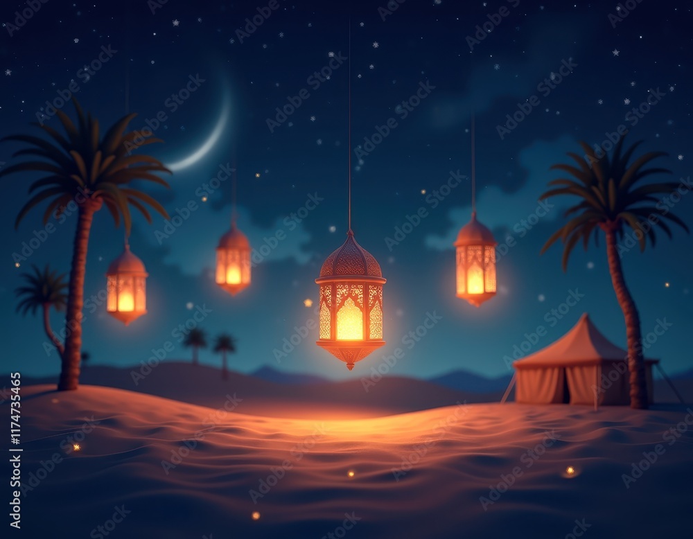 Enchanting islamic ramadan lanterns in desert night setting for festive decoration Enchanting islamic ramadan lanterns in desert night setting for festive decoration