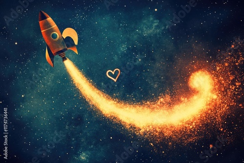 A cosmic design featuring a rocket ship blasting off into a heart - shaped trail of stardust, with text space in the upper section Valentine’s Day card photo