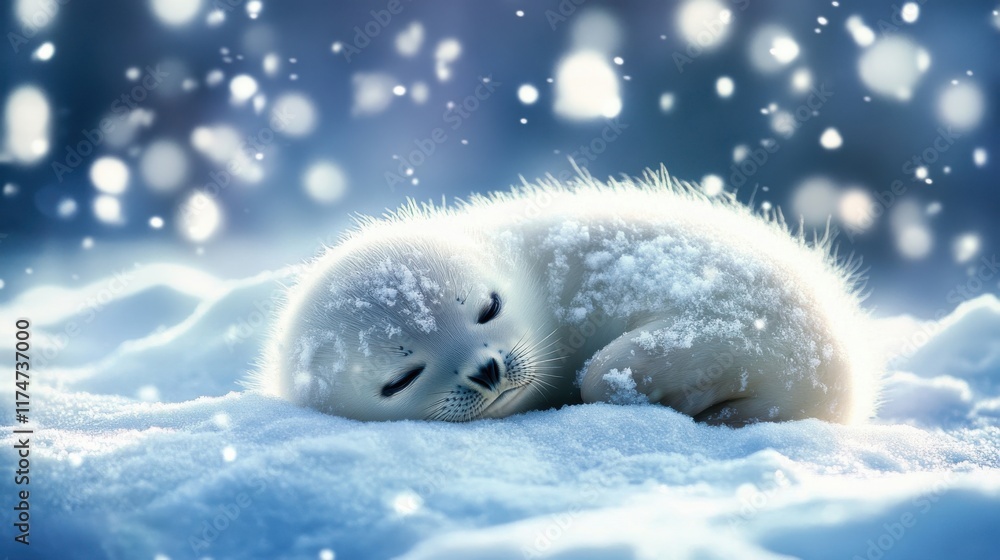 Obraz premium Snowy seal pup resting peacefully in a tranquil winter landscape surrounded by falling snowflakes