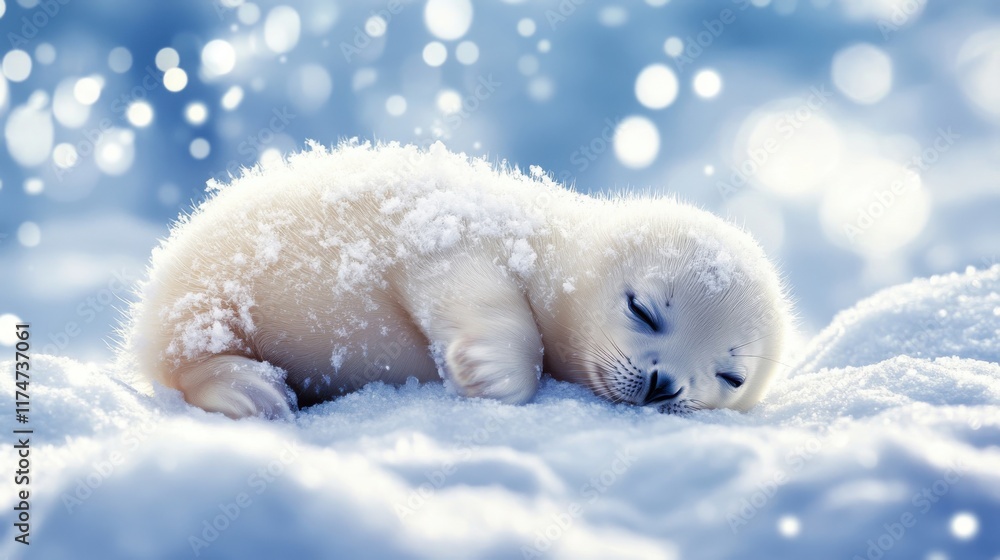 Cute baby seal resting on snowy ground in a serene winter environment Cute baby seal resting on snowy ground in a serene winter environment
