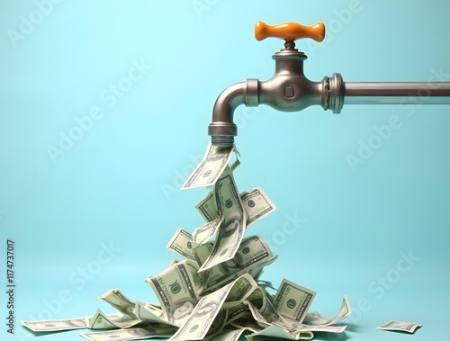 Money Flowing from Faucet: Concept of Financial Abundance, Wealth, and Easy Money