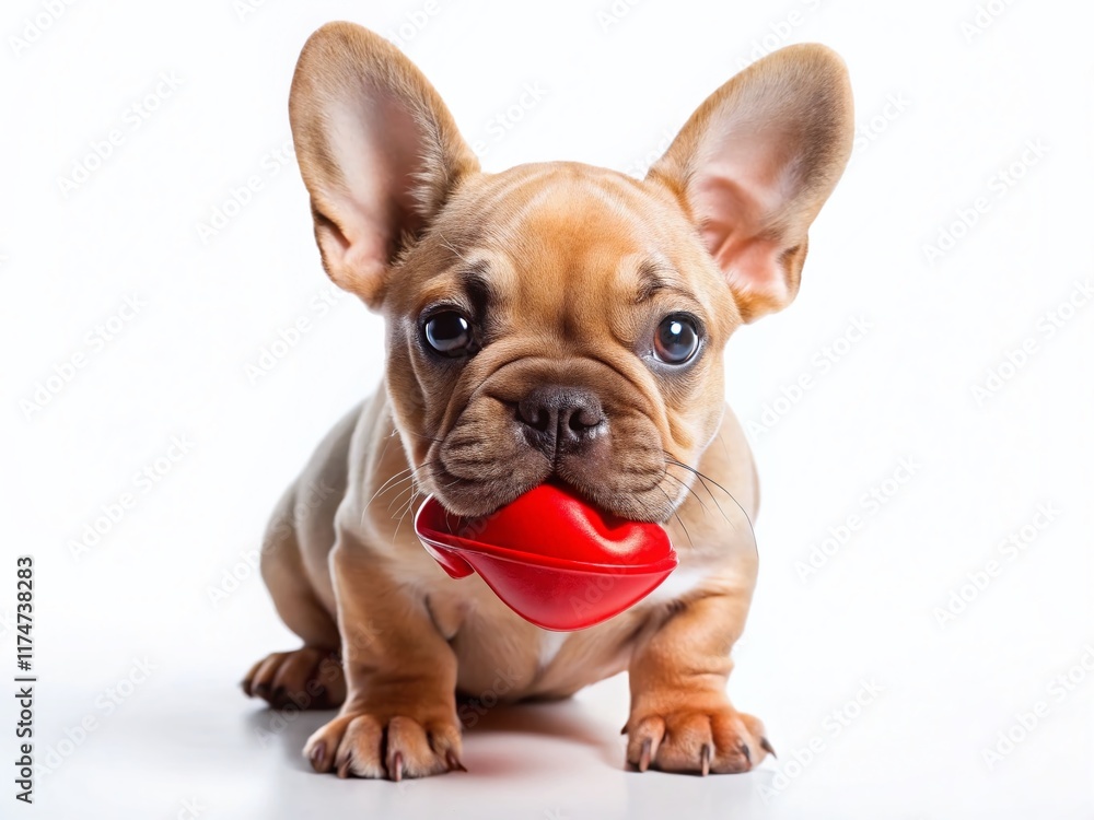 Adorable Red Fawn French Bulldog Puppy Tries to Eat Giant Red Lips Prop - Aerial View Adorable Red Fawn French Bulldog Puppy Tries to Eat Giant Red Lips Prop - Aerial View