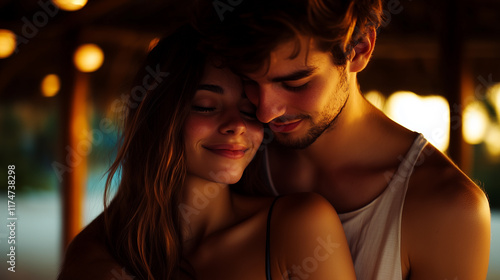 Loving Couple Enjoying Their Vacation, Handsome Man Hugging his Girlfriend in back in a Wooden Beach House at Sunset, Showcasing their Love, Bond and Intimacy photo