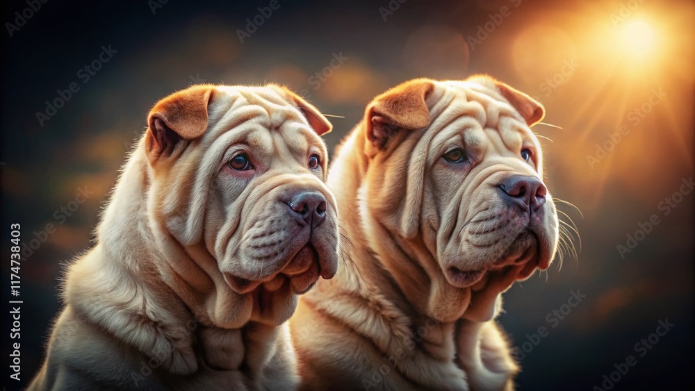 Obraz premium Adorable Red & White Shar Pei Puppies Close-Up Silhouette Portrait