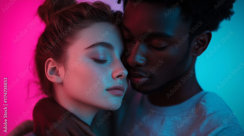 Close-up Face Portrait of Young Couple Hugging and Embracing Under Neon Lights, Fall in Love and Enjoy Their closenesses Together Sharing Emotions, Close-up Face Portrait of Young Couple Hugging and Embracing Under Neon Lights, Fall in Love and Enjoy Their closenesses Together Sharing Emotions,