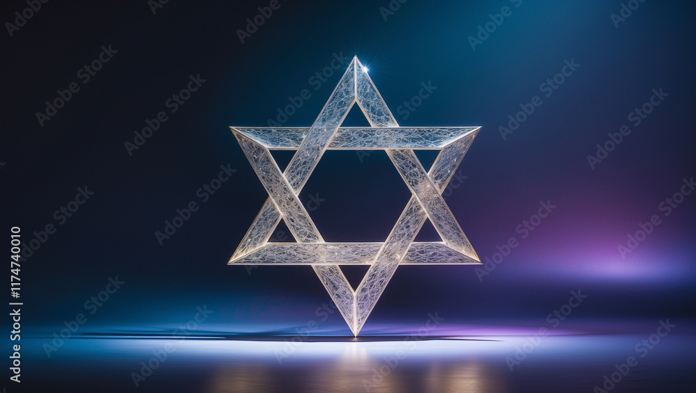 Glass Star of David lit with dramatic blue and purple lighting