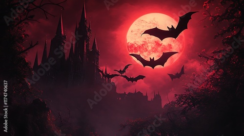 Crimson Night: A Gothic Castle Under a Blood Moon photo