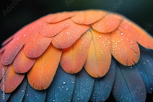 Vibrant feathers glisten with dew in a lush environment during early morning light