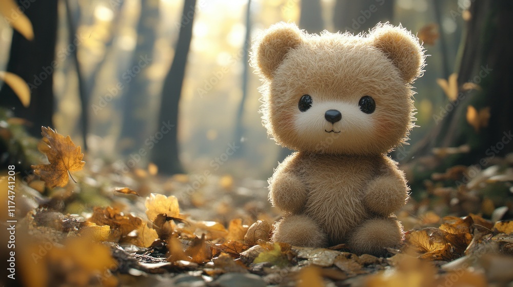 Cute Bear Toy Sitting in a Forest Surrounded by Autumn Leaves and Sunlight Cute Bear Toy Sitting in a Forest Surrounded by Autumn Leaves and Sunlight