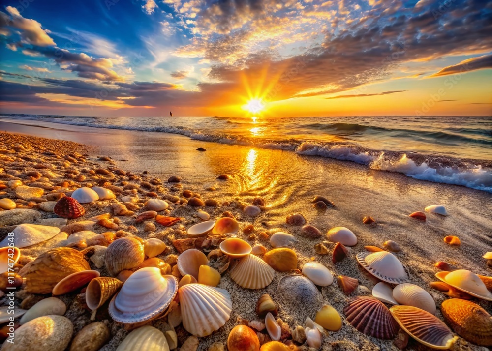 Obraz premium Aerial Drone Shot of Seashells Scattered on a Sandy Beach at Sunset