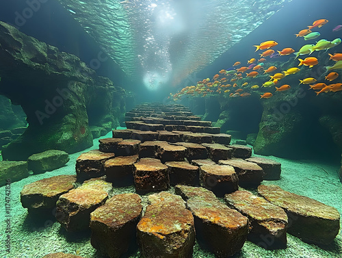 Underwater stone path leads to light, colorful fish swim above. photo