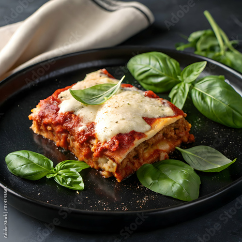 a single serving of lasagna with a side of basil photo