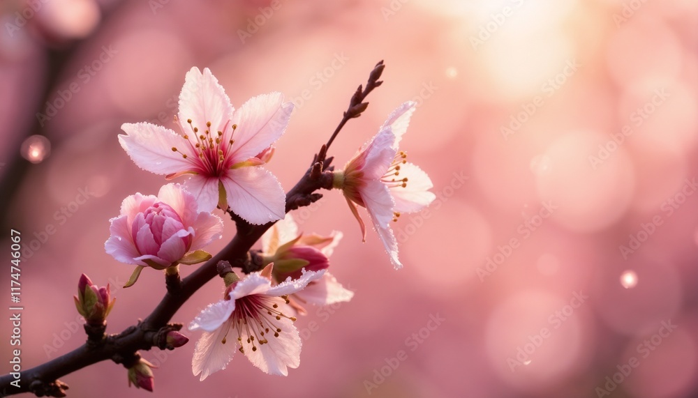 Beautiful pink cherry blossoms with dew on branches against dreamy bokeh background, copy space Beautiful pink cherry blossoms with dew on branches against dreamy bokeh background, copy space