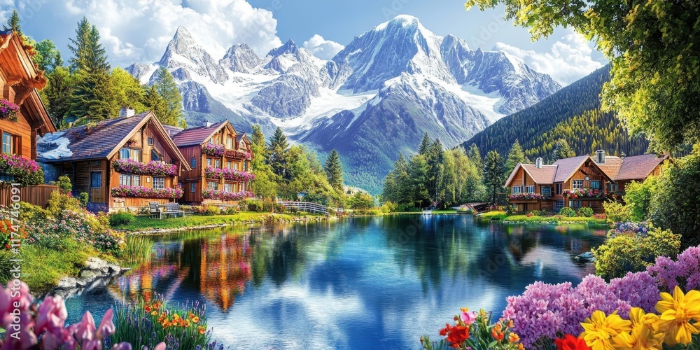 Fototapeta premium Idyllic alpine village, tranquil lake reflection, snow-capped mountains, traditional wooden chalets, colorful flowers in foreground, serene atmosphere, blue sky with wispy clouds, picturesque landscap