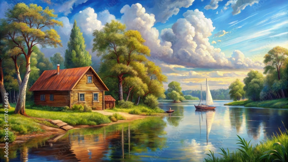 Obraz premium Serene Lakeside Cabin with Sailboat and Peaceful River Reflection under a Dramatic Sky