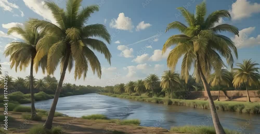 this scene, capturing the details of the palm trees, river this scene, capturing the details of the palm trees, river