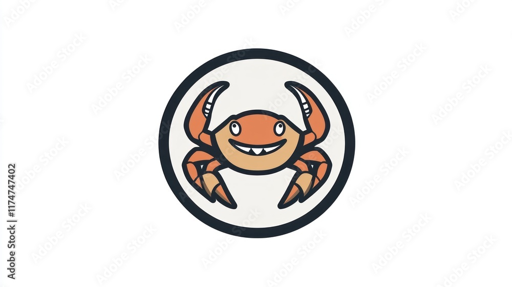 A cheerful cartoon crab with a smiling face in a circular design. A cheerful cartoon crab with a smiling face in a circular design.