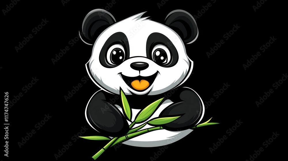 Fototapeta premium A cheerful cartoon panda holding bamboo against a black background.