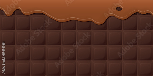 Melted caramel pouring on milk chocolate bar background graphic illustration.