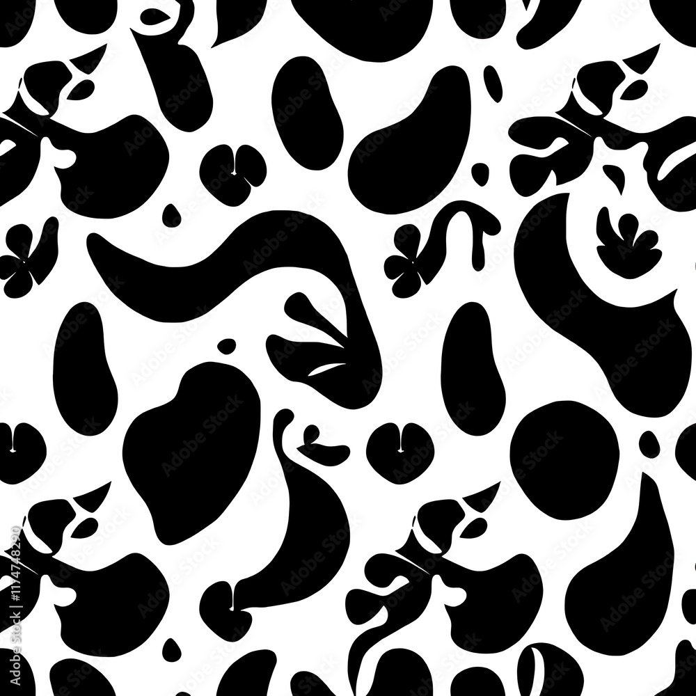 Fototapeta premium Abstract Black and White Swirls Seamless Pattern: A bold and stylish abstract seamless pattern featuring black swirls and shapes on a white background.