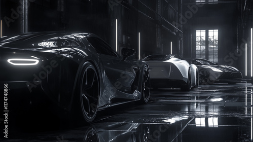 Modern cars elegantly arranged in an industrial showroom, showcasing sleek designs and advanced technology, embodying innovation and automotive excellence.