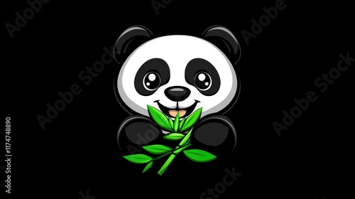 A cute cartoon panda holding bamboo leaves with a friendly expression. photo