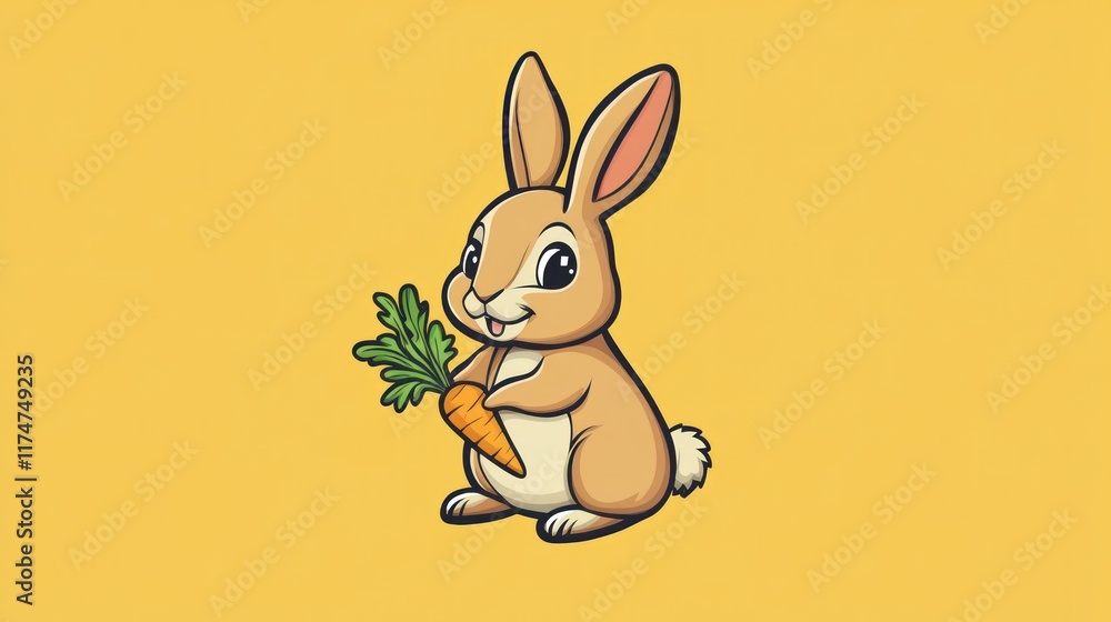 Fototapeta premium A cute cartoon rabbit holding a carrot against a bright yellow background.