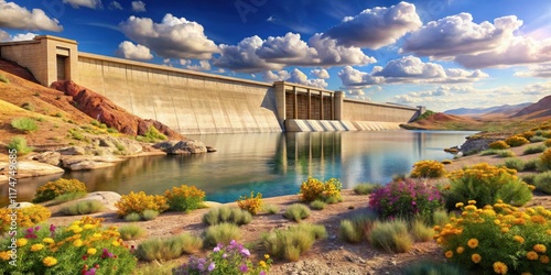 Serene landscape featuring a massive concrete dam and vibrant wildflowers blooming along a tranquil reservoir under a dramatic sky