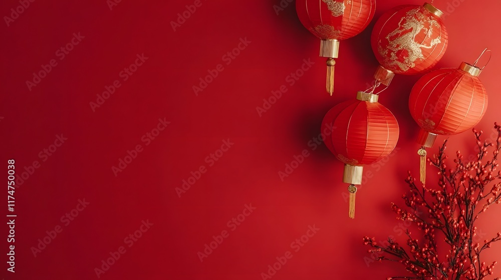 Minimalist Chinese New Year Composition with Red Lanterns Golden Calligraphy and Zodiac Motif Minimalist Chinese New Year Composition with Red Lanterns Golden Calligraphy and Zodiac Motif