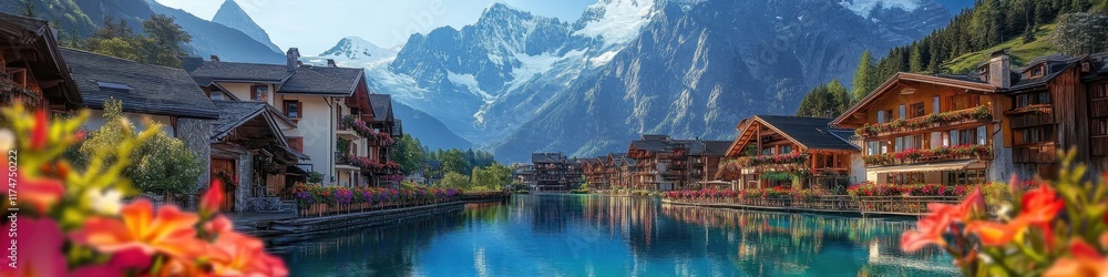 Fototapeta premium Idyllic alpine village, tranquil lake reflection, snow-capped mountains, traditional wooden chalets, colorful flowers in foreground, serene atmosphere, blue sky with wispy clouds, picturesque landscap