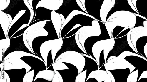 Monochromatic Floral Pattern: Elegant black and white floral design, seamless repeat pattern, perfect for textile prints, wallpaper, and fashion designs.