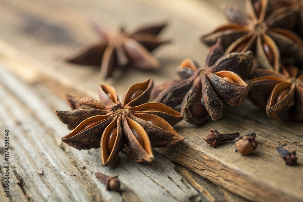 Rustic Star Anise and Cloves on Wooden Surface with Natural Lighting Rustic Star Anise and Cloves on Wooden Surface with Natural Lighting