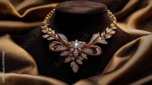 A glittering gold necklace with a diamond centerpiece on velvet