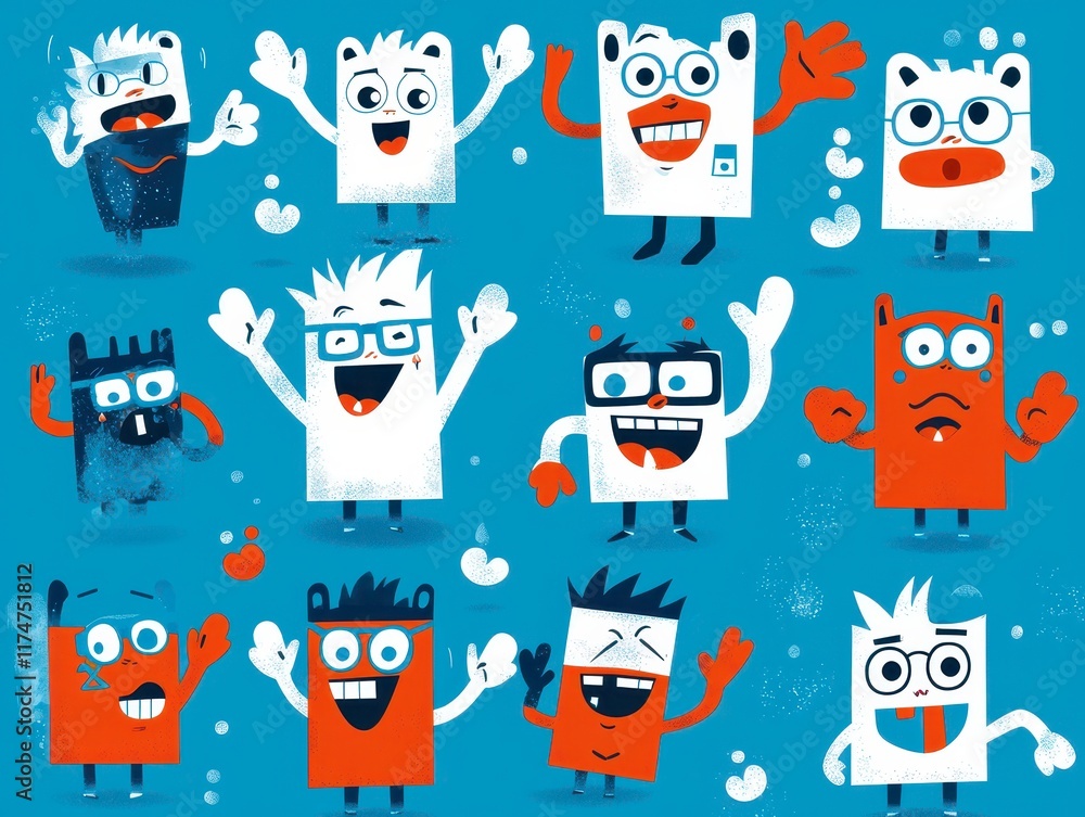 Colorful Cartoon Characters with Glasses and Cheerful Expressions Colorful Cartoon Characters with Glasses and Cheerful Expressions