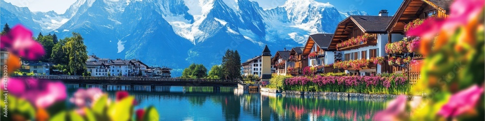 Naklejka premium Idyllic alpine village, tranquil lake reflection, snow-capped mountains, traditional wooden chalets, colorful flowers in foreground, serene atmosphere, blue sky with wispy clouds, picturesque landscap
