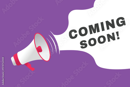 Coming soon banner modern sign Vector speech bubble design. Web element or tag with megaphone icon.