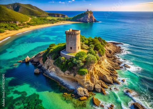 Aerial View of Torre del Loro, Mazagon, Andalusia, Spain: Coastal Watchtower and Beach photo