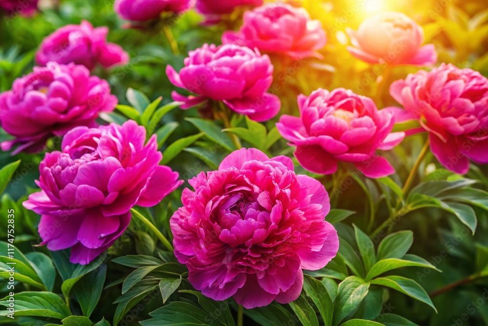Aerial View of Vibrant Hot Pink Peony Blossoms in Summer Garden Aerial View of Vibrant Hot Pink Peony Blossoms in Summer Garden