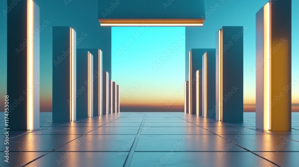 Obraz premium A glowing geometric pathway extending into a vibrant blue digital horizon